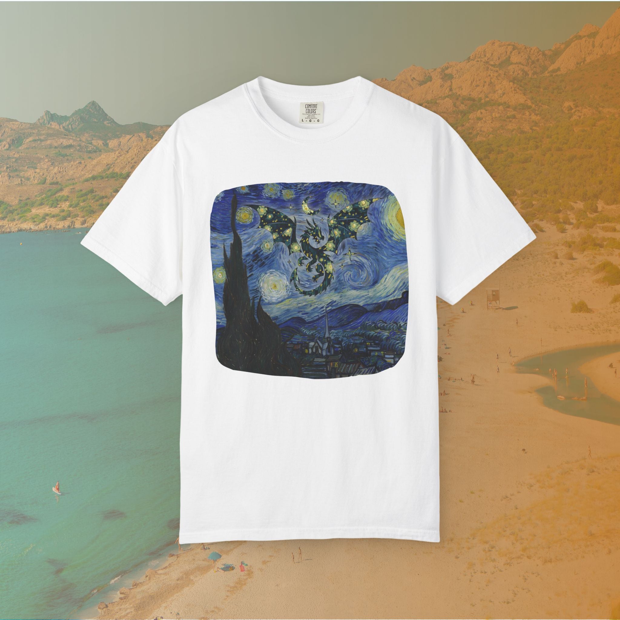 white t-shirt Van Gogh Starry Night-inspired painting with a dragon silhouette made of stars flying across a swirling night sky for dragoncore theme