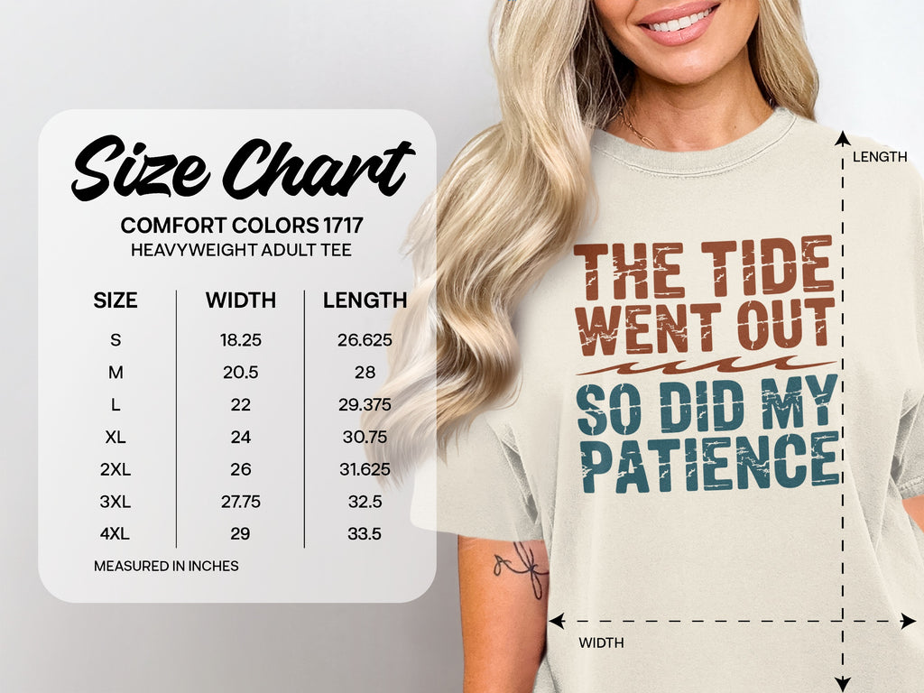 Comfort Colors 1717 heavyweight adult tee size chart with garment dimensions.