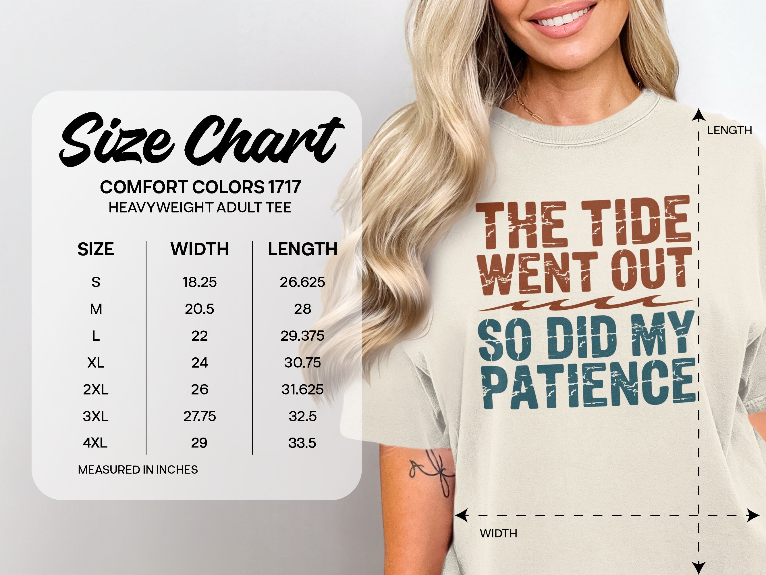 Comfort Colors 1717 heavyweight adult tee size chart with garment dimensions.