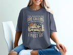 T-shirt with "The mountains are calling and internet is terrible I must go" graphic.