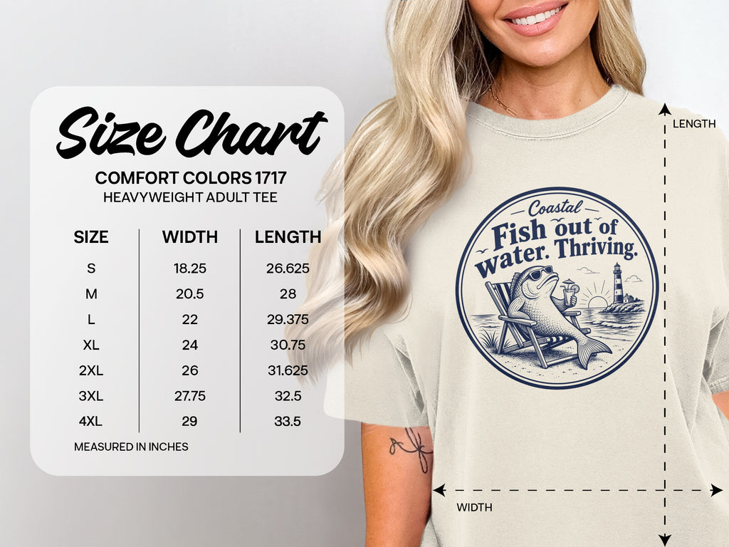 A Comfort Colors 1717 t-shirt size chart alongside a woman wearing the graphic tee.
