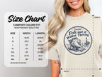 A Comfort Colors 1717 t-shirt size chart alongside a woman wearing the graphic tee.