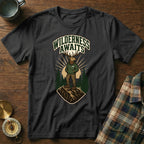 Black t-shirt with "Wilderness Awaits" text and a deer wearing a hoodie.