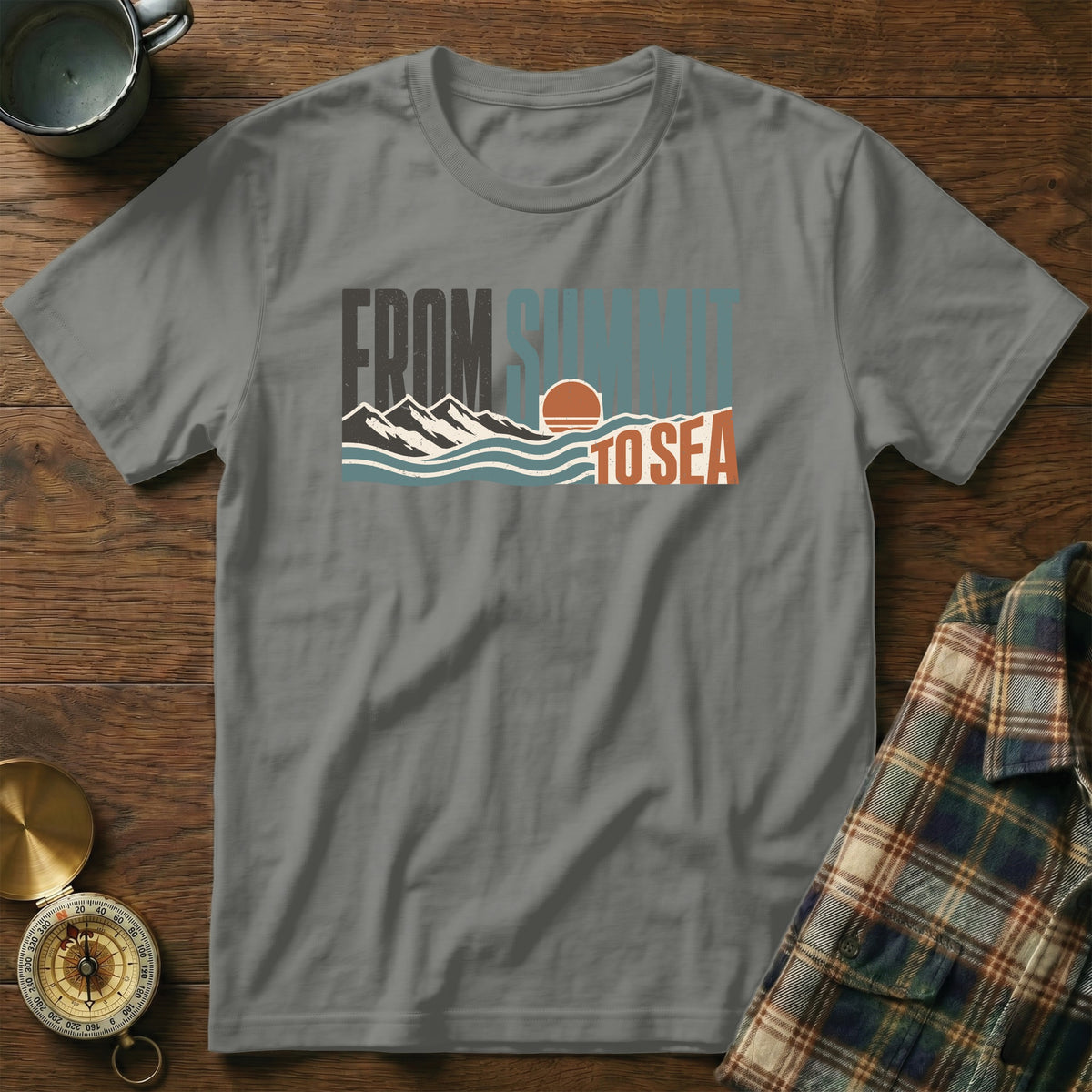 Grey t-shirt with "FROM SUMMIT TO SEA" graphic and mountain and wave design.