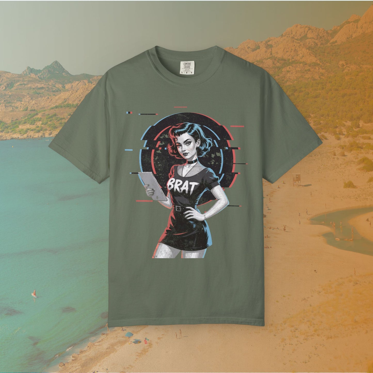 Cyberpunk BRAT Glitch Art Pinup Girl T-Shirt | Retro Pin Up Sassy Slogan Dark Goth