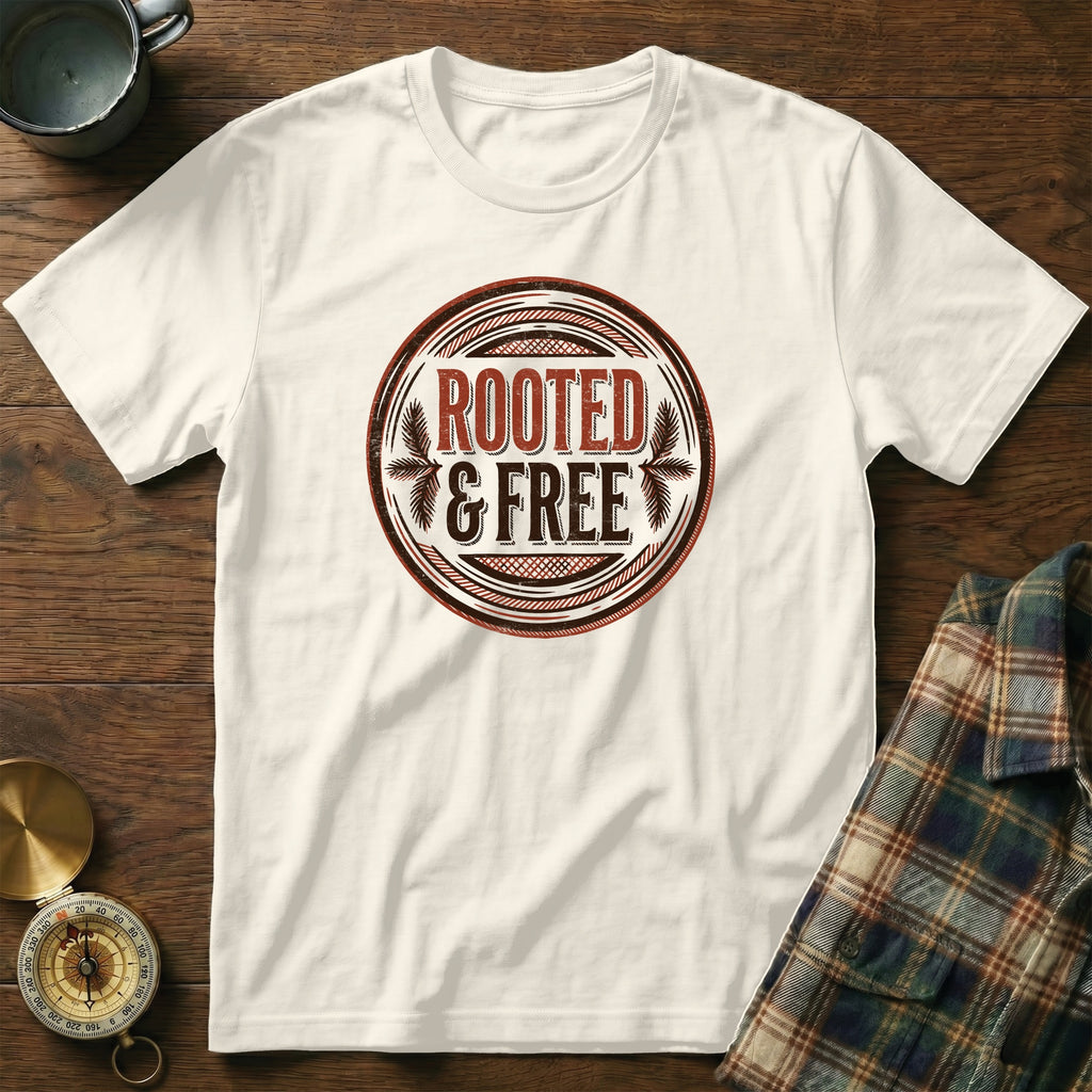 White t-shirt with "ROOTED & FREE" distressed circular graphic.