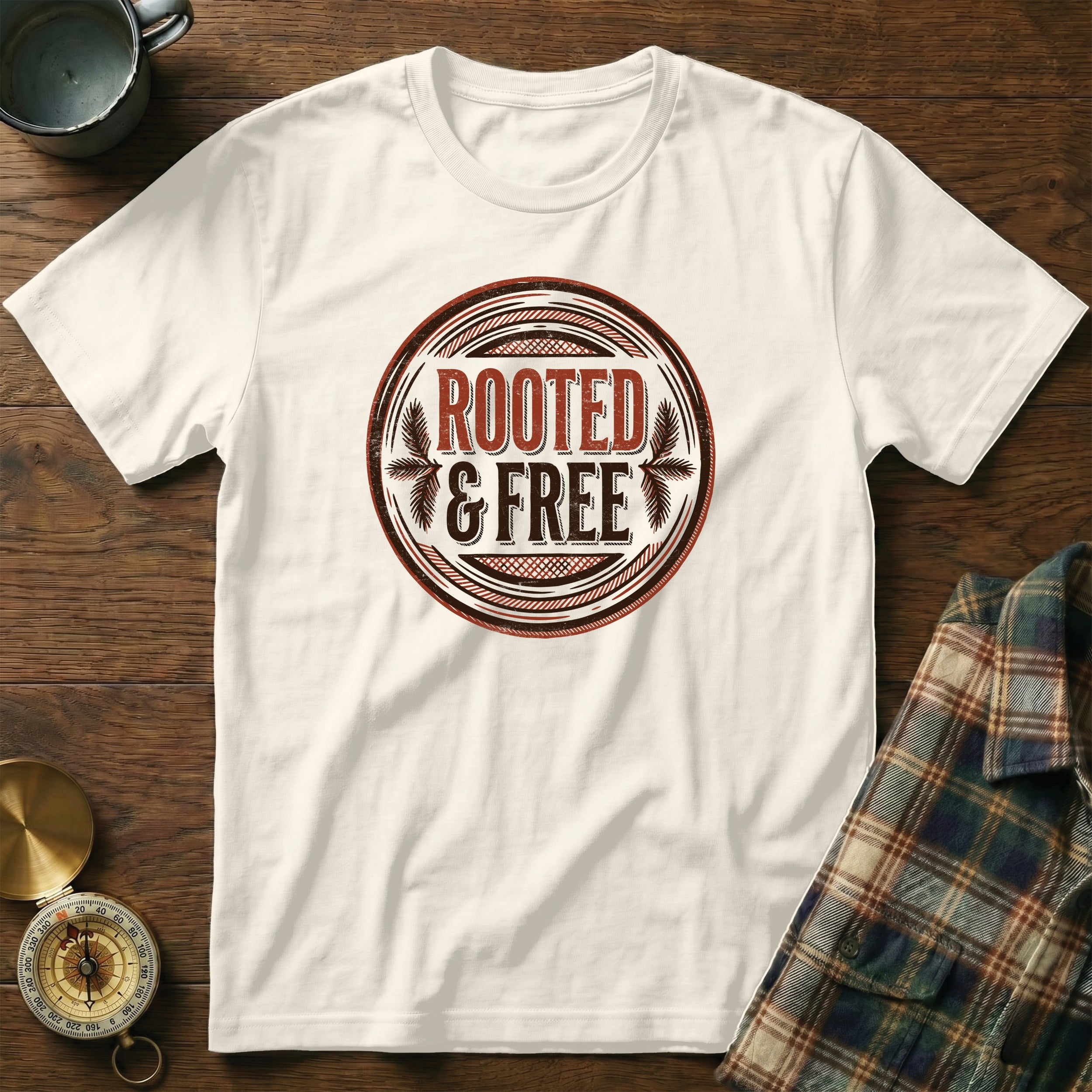 White t-shirt with "ROOTED & FREE" distressed circular graphic.