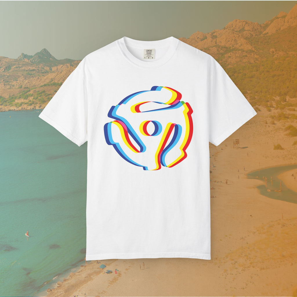 white t-shirt with a graphic of a white 45 RPM vinyl record adapter (dink) with a red, yellow, blue, and cyan chromatic aberration/glitch effect, ready for EDM festival apparel
