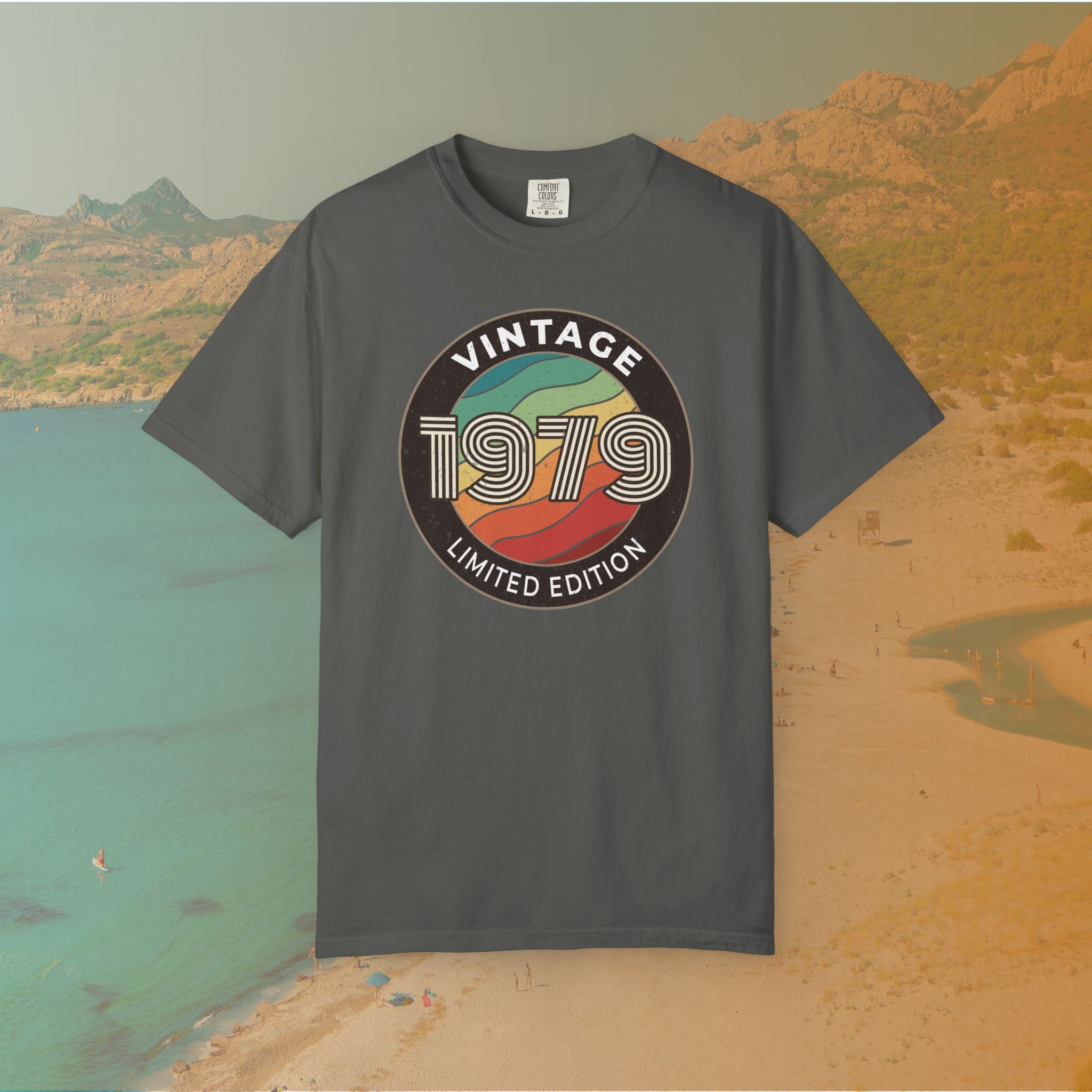 Pepper Retro-style circular graphic featuring the year 1979 in a bold, lined font over a distressed, multi-colored wavy background. The outer border reads "VINTAGE" at the top and "LIMITED EDITION" at the bottom. 