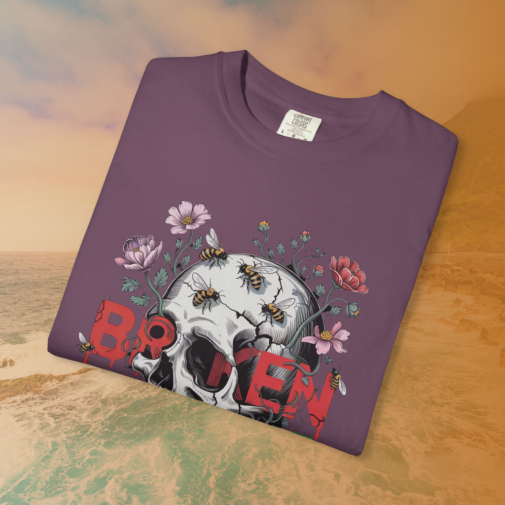 Broken Heart Skull Floral Goth T-Shirt