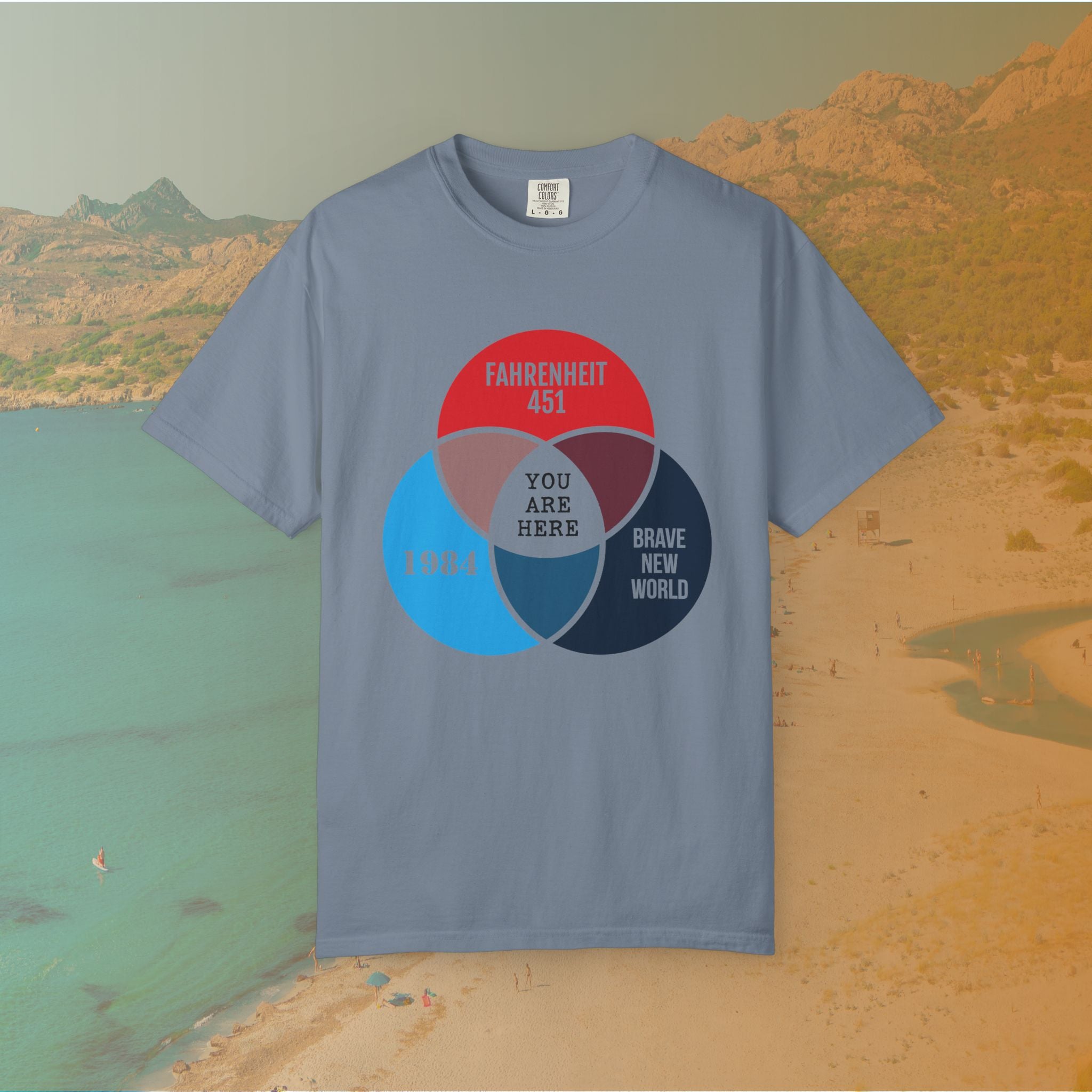 Dystopian Novels Venn Diagram T-Shirt | 1984, Fahrenheit 451, Brave New World Literary Tee