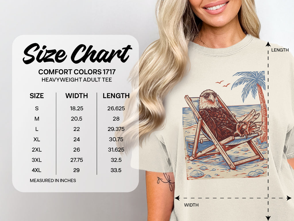 Comfort Colors 1717 heavyweight adult tee size chart with width and length measurements.