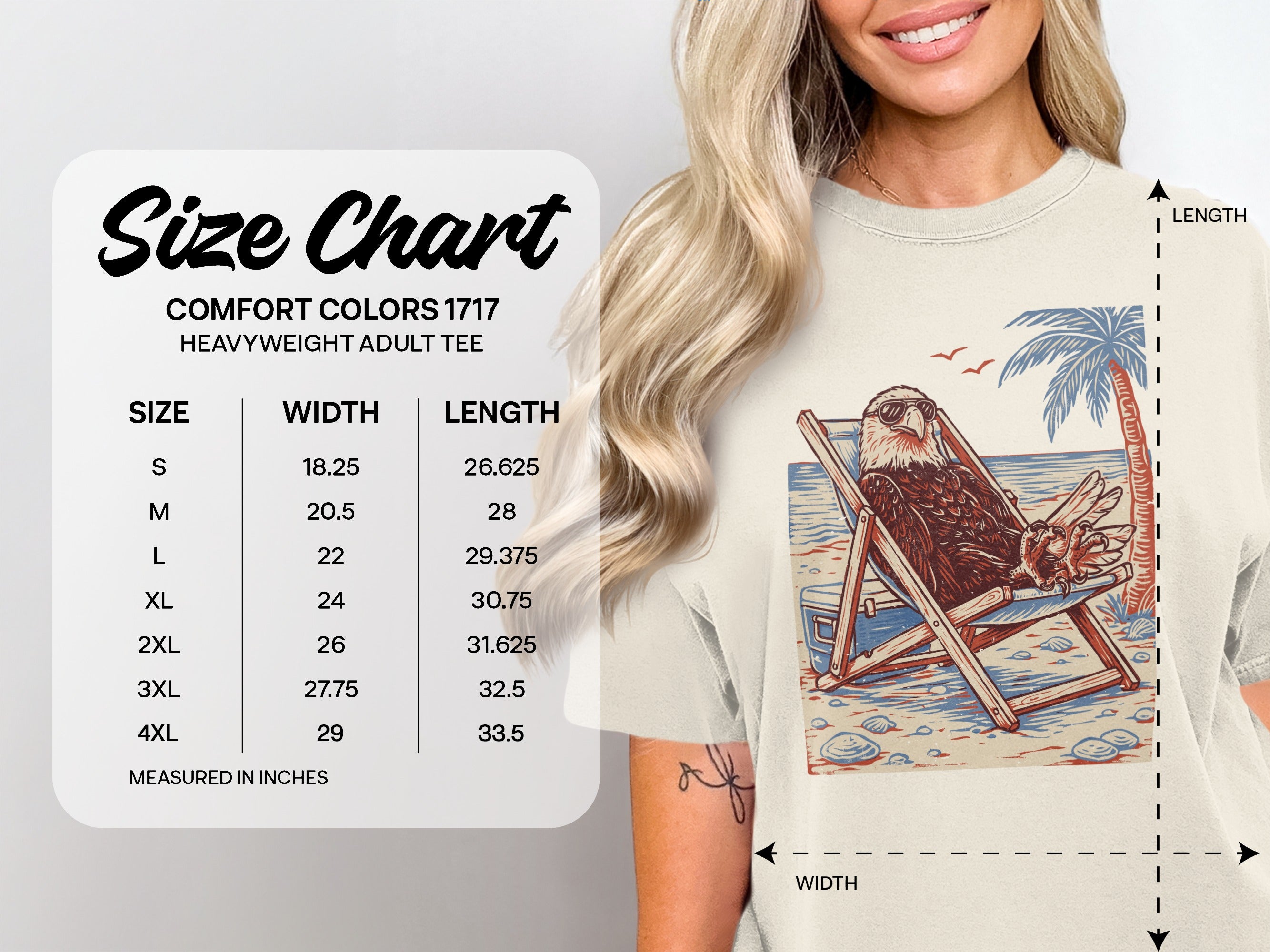 Comfort Colors 1717 heavyweight adult tee size chart with width and length measurements.