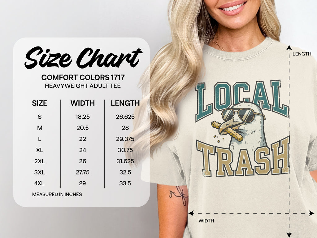 Comfort Colors 1717 size chart for heavyweight adult tee with seagull graphic.