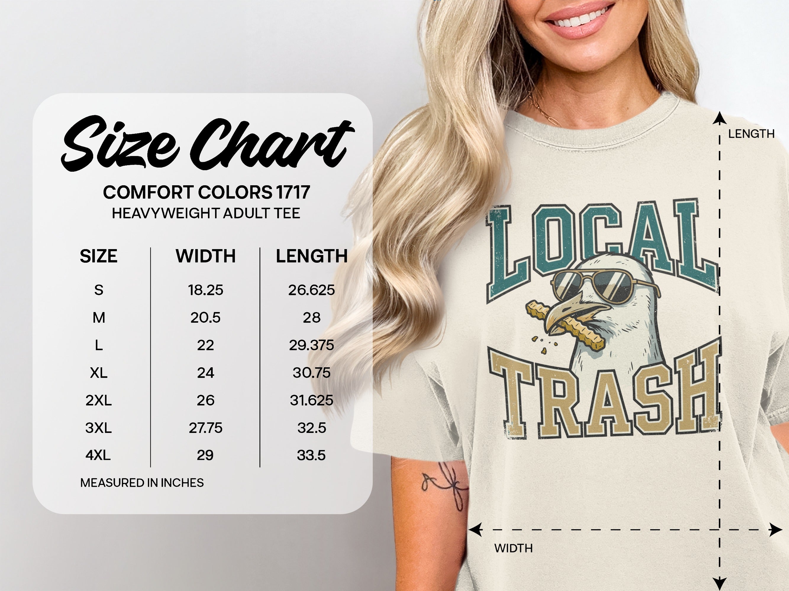 Comfort Colors 1717 size chart for heavyweight adult tee with seagull graphic.