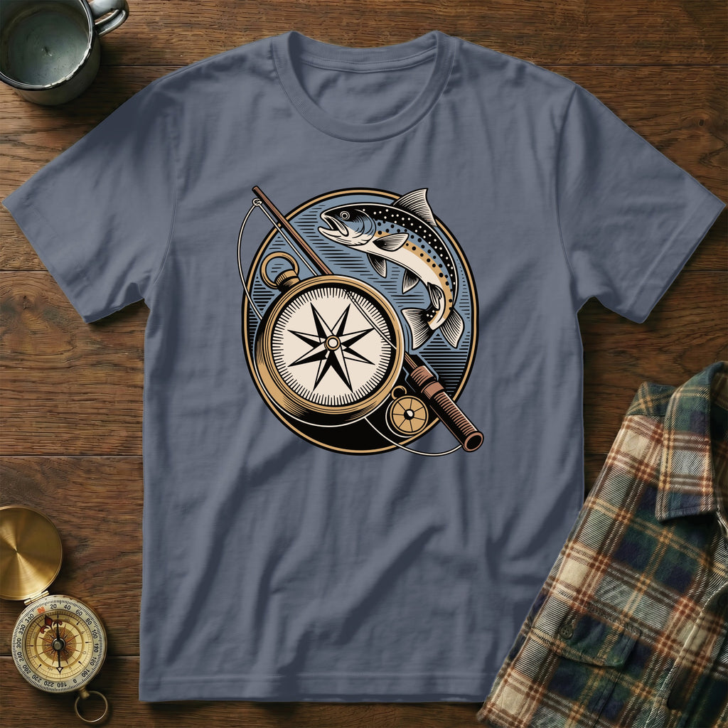 T-shirt graphic featuring a compass, fishing rod, and trout design.