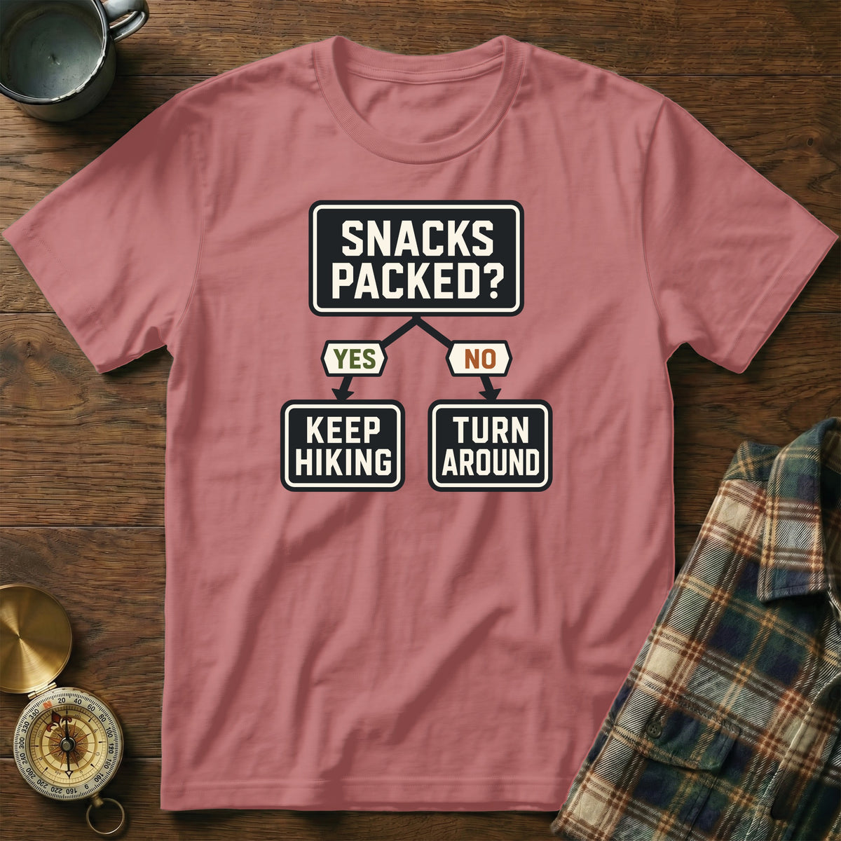T-shirt with "Snacks Packed?" flowchart: Yes to Keep Hiking, No to Turn Around.