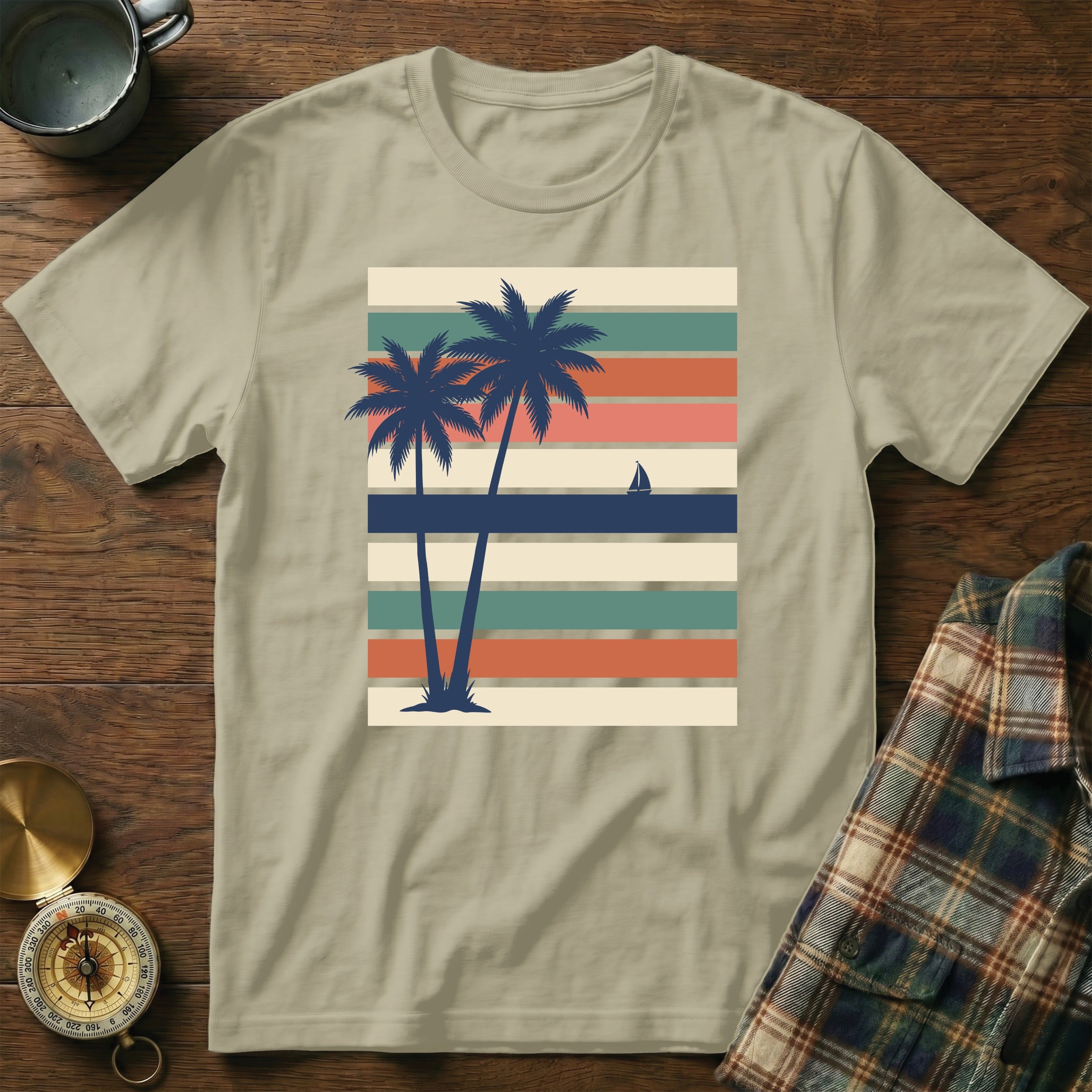 Two palm trees on a beach with a sailboat against striped background.
