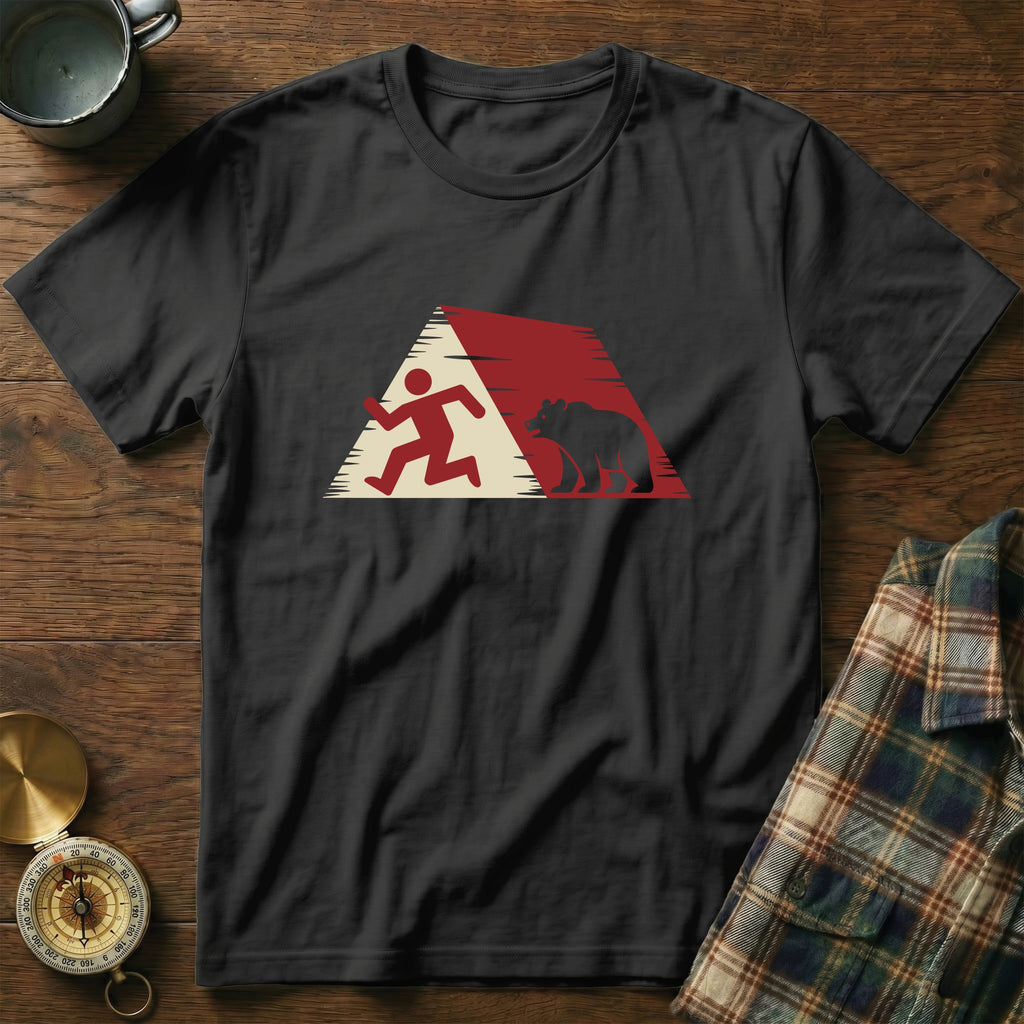 Black t-shirt with a graphic of a runner and a bear against a red and white background.