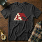 Black t-shirt with a graphic of a runner and a bear against a red and white background.