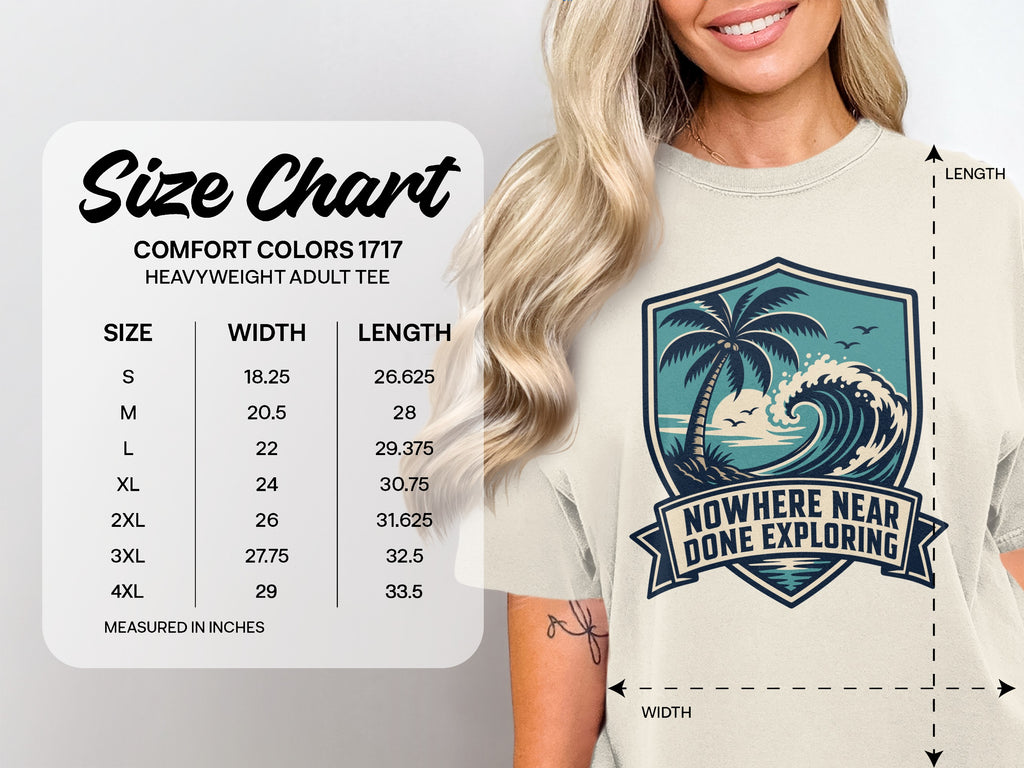 Comfort Colors 1717 heavyweight adult tee size chart with width and length measurements.