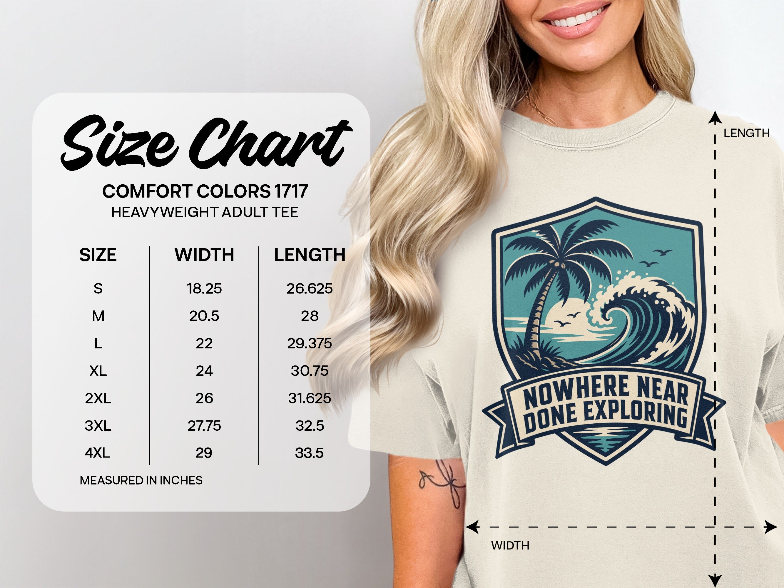 Comfort Colors 1717 heavyweight adult tee size chart with width and length measurements.