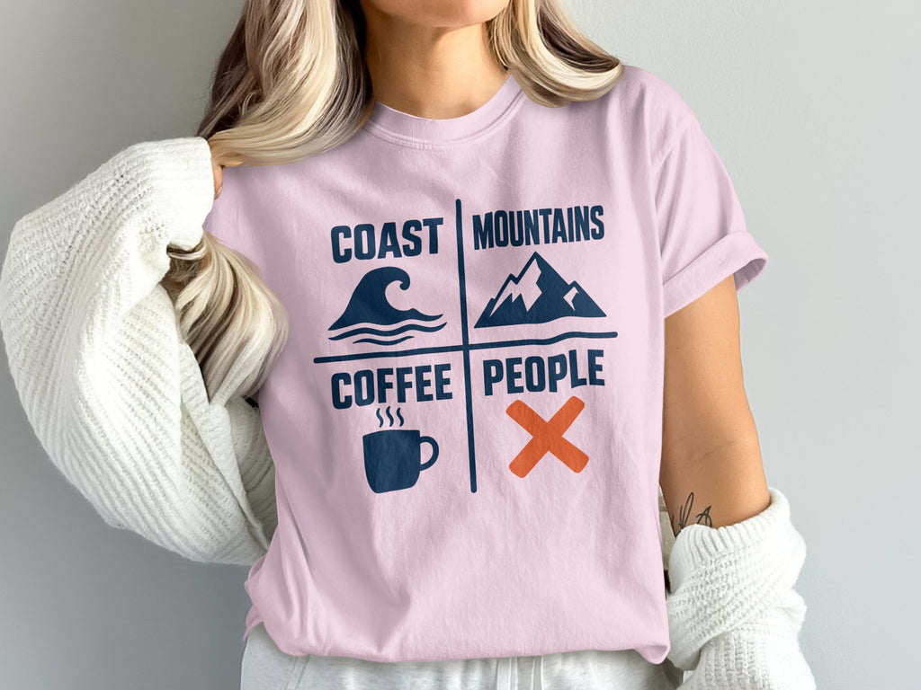 Pink t-shirt with "Coast Mountains Coffee People" and corresponding icons.