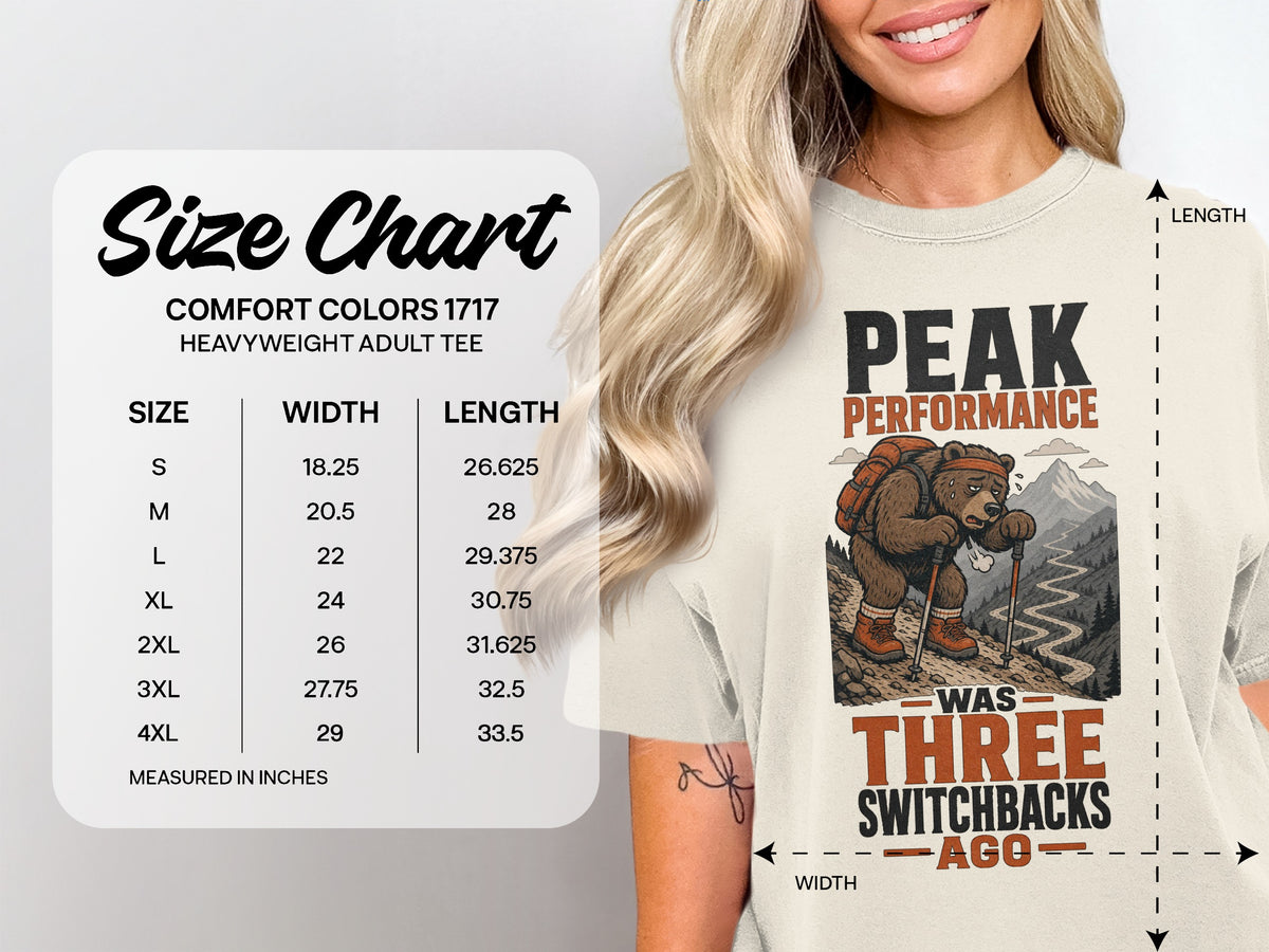 Size chart for Comfort Colors 1717 heavyweight adult tee with graphic.