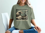 UFO abducting a person from a rock during a large wave, with text "THE UNEXPLAINED TIDE".
