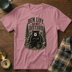 Pink t-shirt with bear graphic and text "Den Life Do Not Disturb".