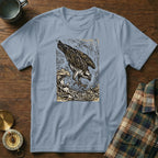 Light blue t-shirt featuring a woodcut illustration of an osprey diving into waves.