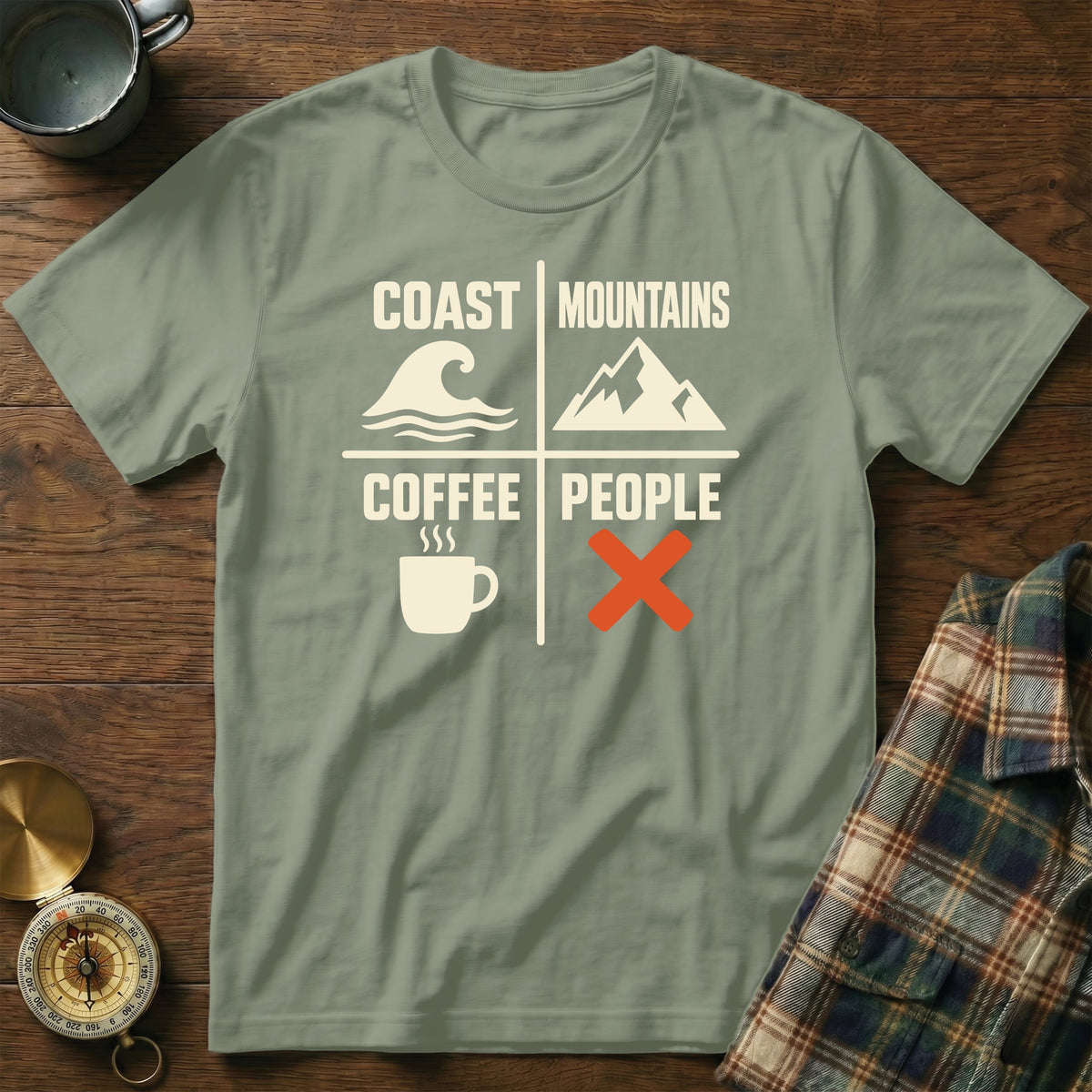 Green t-shirt with text "COAST MOUNTAINS COFFEE PEOPLE" and icons.