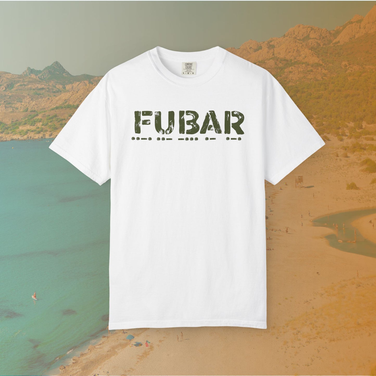 white Graphic T-shirt featuring the large, distressed stencil text "FUBAR" with the Morse code translation of the word printed directly beneath it.