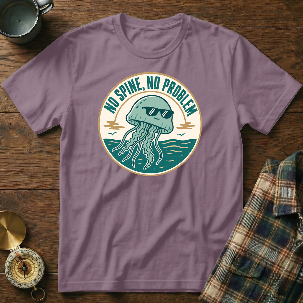 Purple t-shirt with jellyfish graphic and text "NO SPINE, NO PROBLEM".