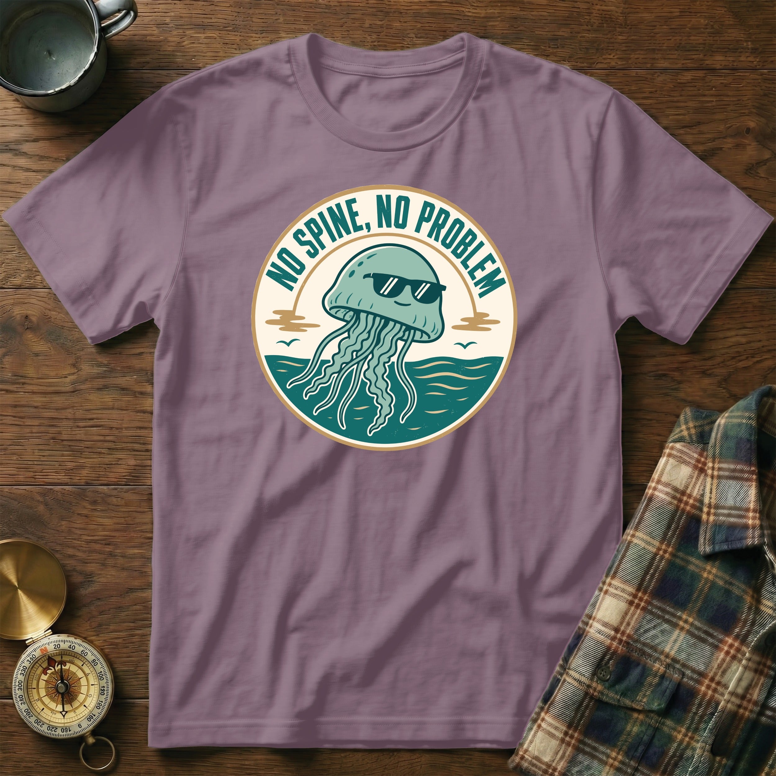 Purple t-shirt with jellyfish graphic and text "NO SPINE, NO PROBLEM".