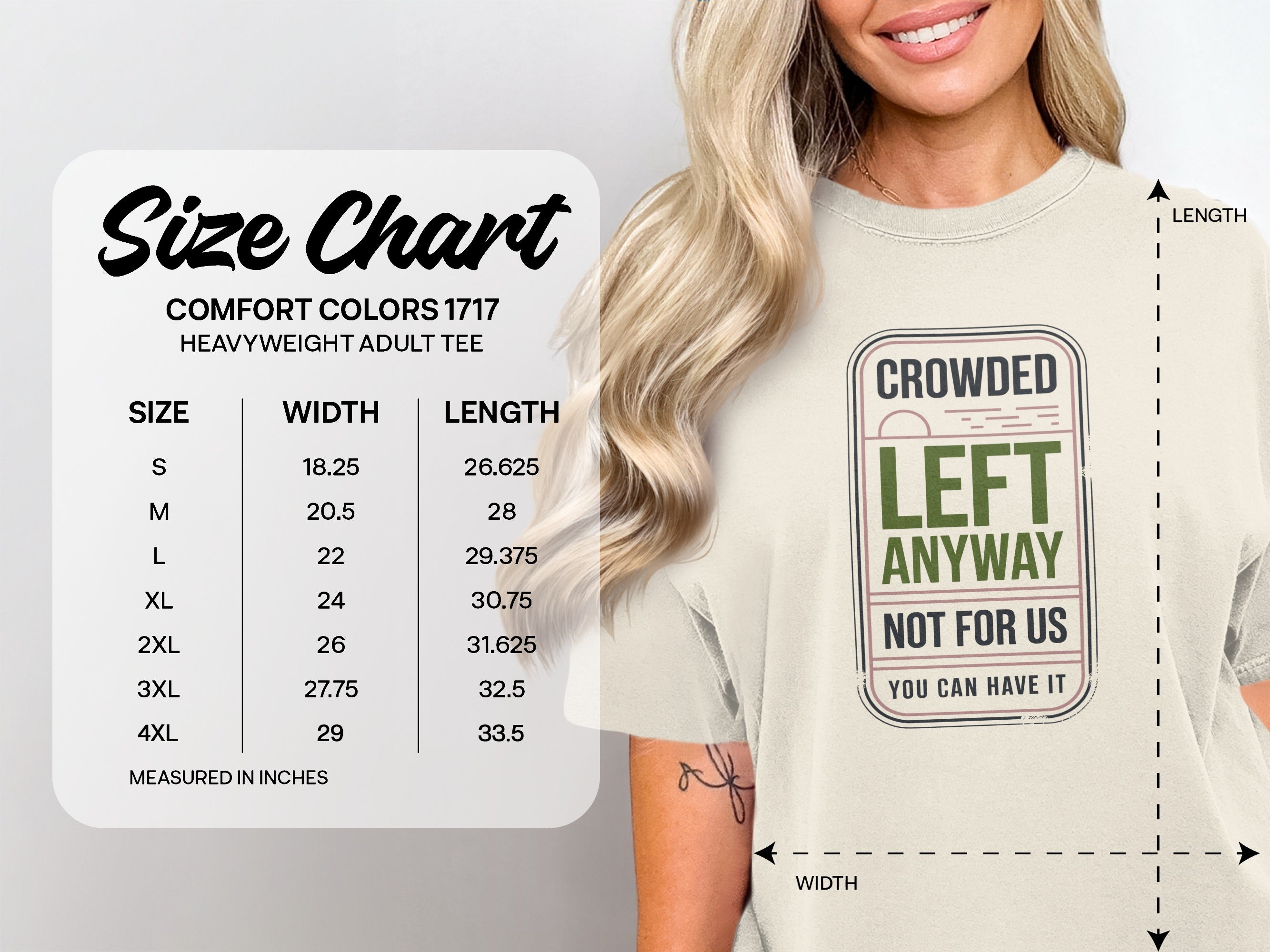 Comfort Colors 1717 heavyweight adult tee size chart with measurements in inches.
