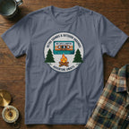 T-shirt graphic with cassette tape, trees, and text "Retro Sounds & Outdoor Grounds".