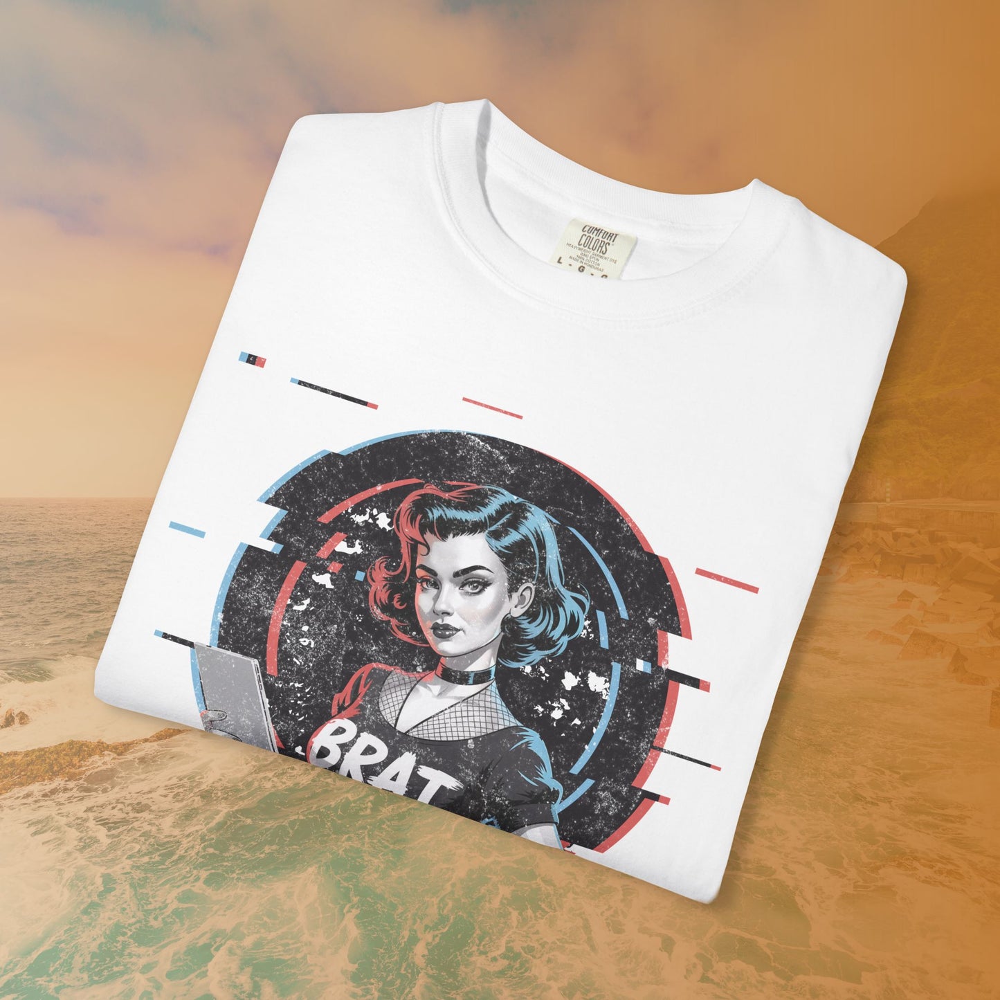 Cyberpunk BRAT Glitch Art Pinup Girl T-Shirt | Retro Pin Up Sassy Slogan Dark Goth