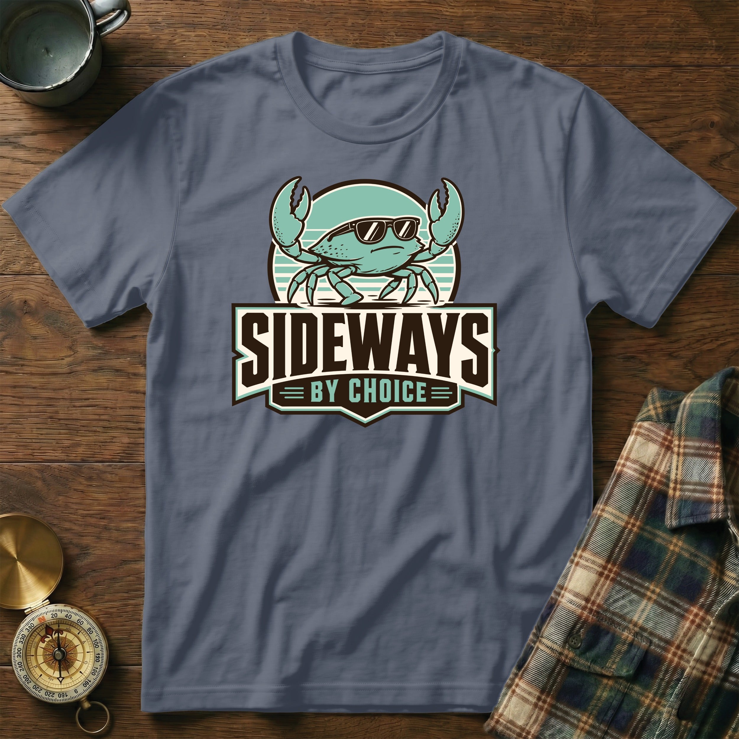 T-shirt with a green crab wearing sunglasses and text "SIDEWAYS BY CHOICE".