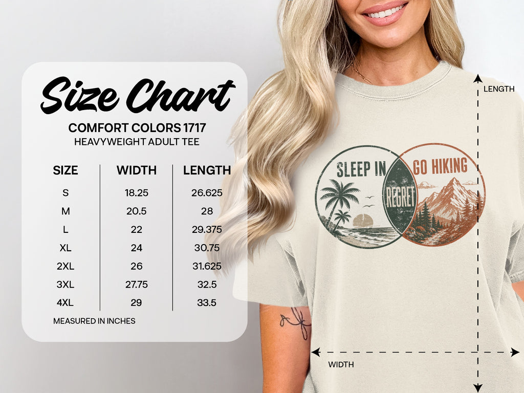 Comfort Colors 1717 heavyweight adult tee size chart with width and length measurements.