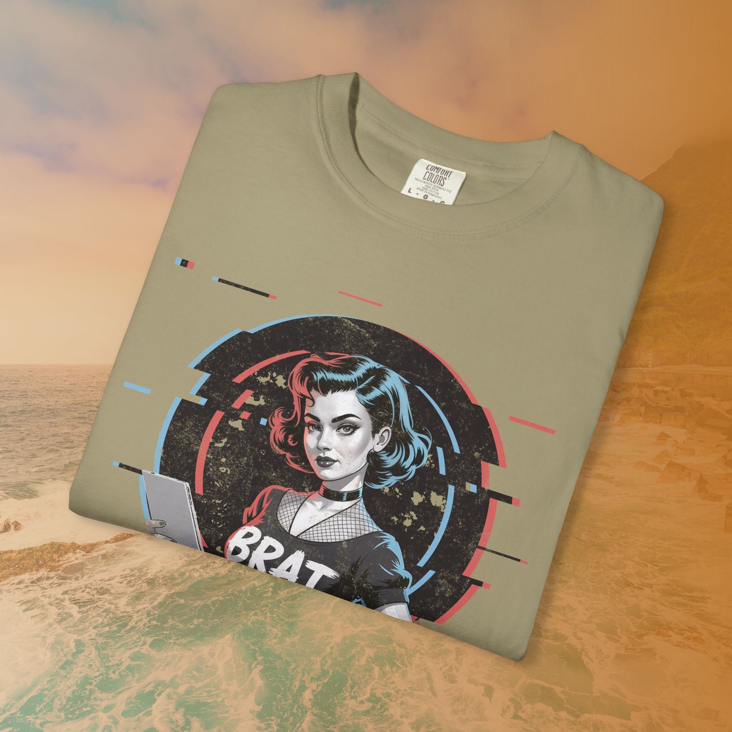 Cyberpunk BRAT Glitch Art Pinup Girl T-Shirt | Retro Pin Up Sassy Slogan Dark Goth