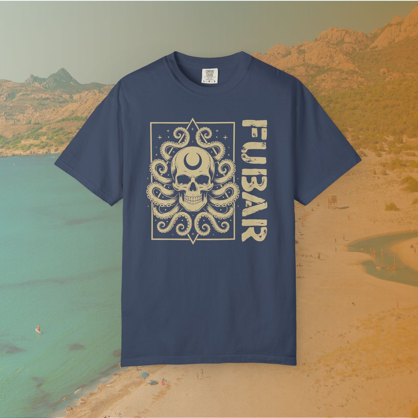 Navy blue t-shirt with skull and octopus design and 'FUBAR' text on a scenic background