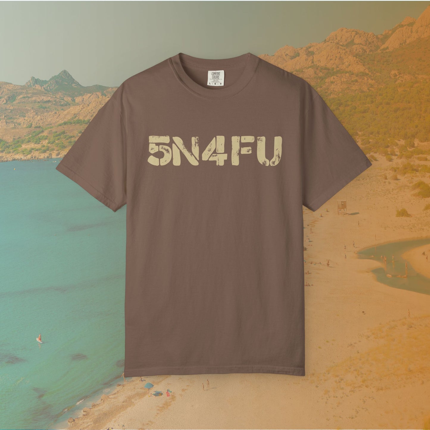 brown t-shirt Graphic T-shirt featuring large, distressed stencil text reading the l33t-speak version of SNAFU: "5N4FU" on a dark background.