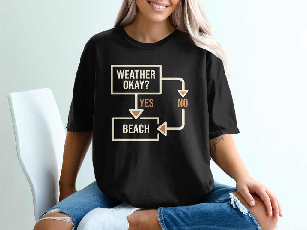 Black t-shirt with flowchart graphic reading "Weather Okay?" leading to "Yes" and "Beach" or "No".