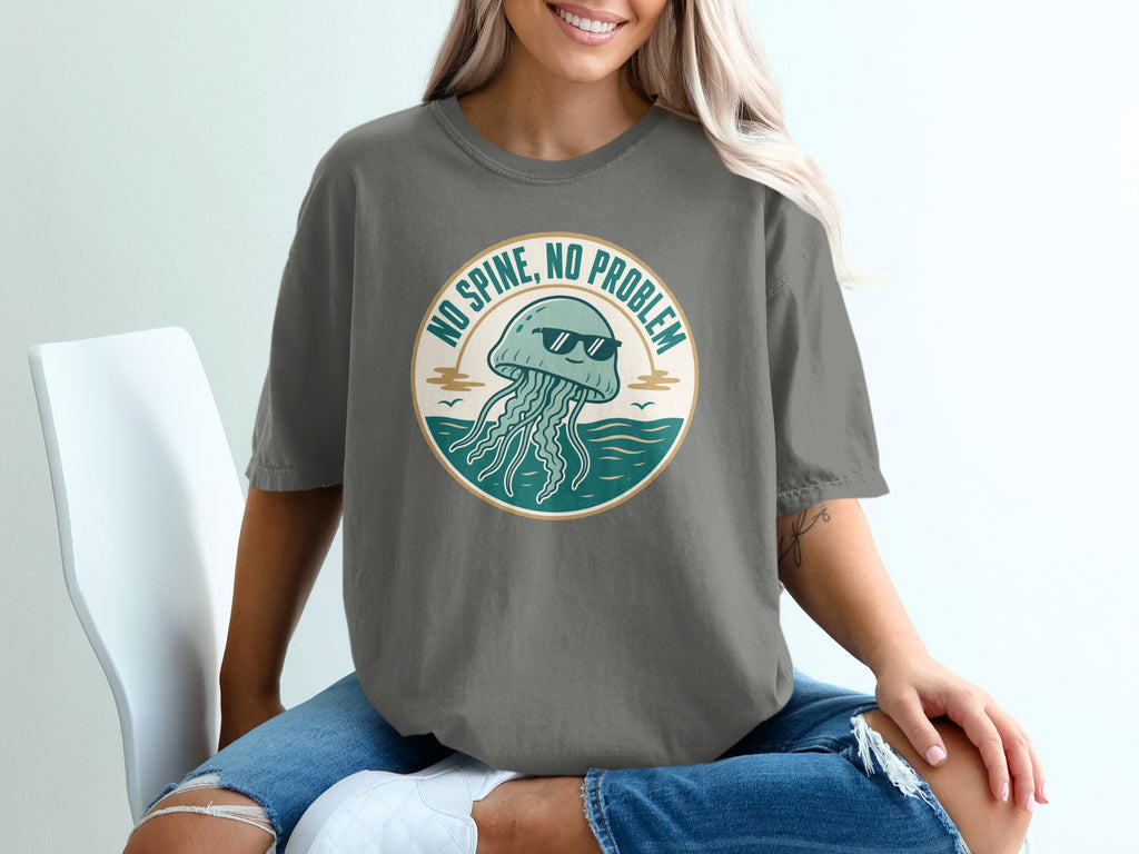 Graffiti t-shirt graphic of a cartoon jellyfish wearing sunglasses with text "NO SPINE, NO PROBLEM".