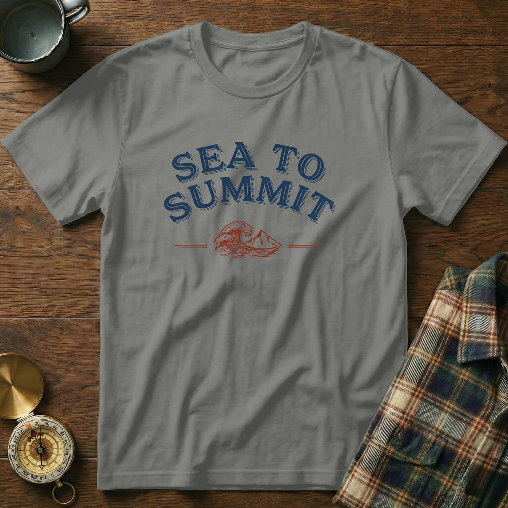 Grey t-shirt with blue "SEA TO SUMMIT" text and mountain wave graphic.