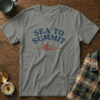 Grey t-shirt with blue "SEA TO SUMMIT" text and mountain wave graphic.