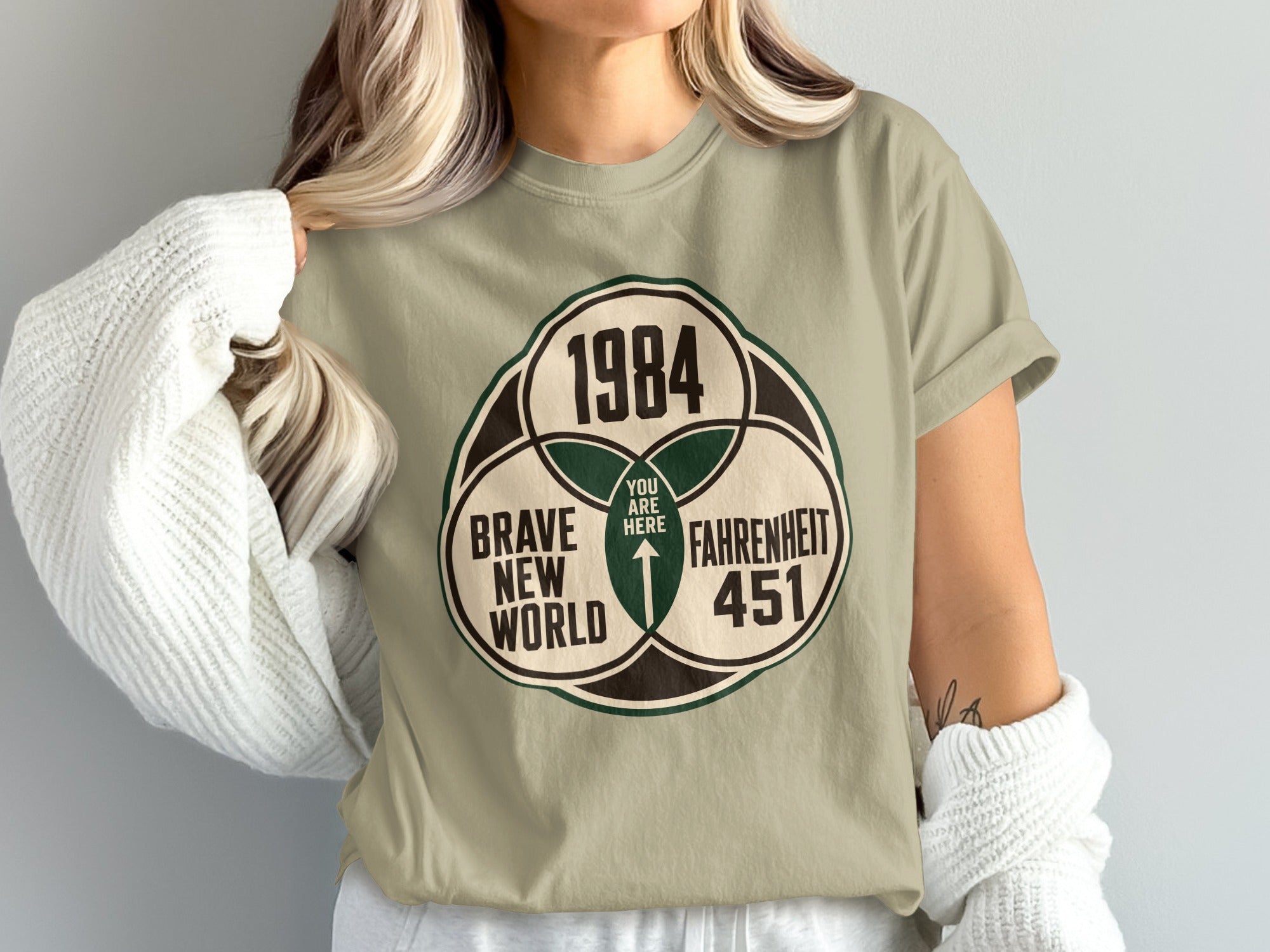 T-shirt graphic with "1984", "Brave New World", and "Fahrenheit 451" and "You Are Here".