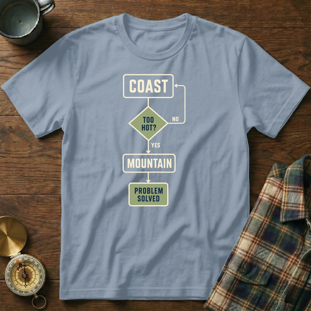 Light blue t-shirt with a flowchart: Coast, Too Hot? Yes/No, Mountain, Problem Solved.