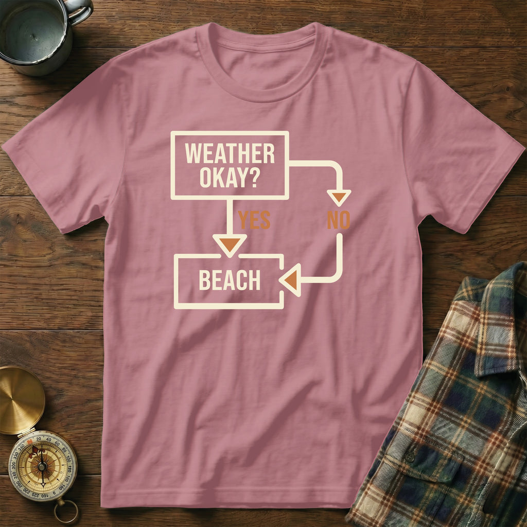 Pink t-shirt with a flowchart graphic asking "Weather Okay?" with "Yes" and "No" options leading to "Beach."